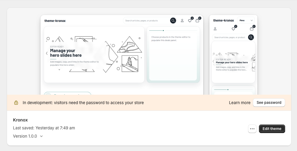 Shopify themes page showing the Kronox theme preview and Edit theme button.