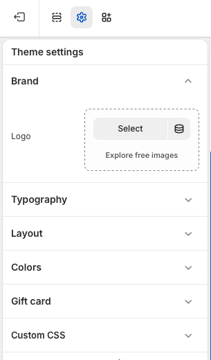 Theme settings panel with the Brand setting expanded and a Logo image picker.