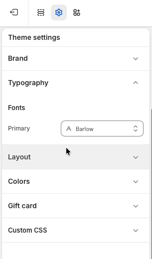 Theme settings panel with Typography expanded and Primary font set to Barlow.