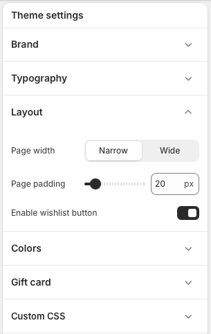 Theme settings panel with Layout expanded showing page width, page padding, and wishlist toggle.