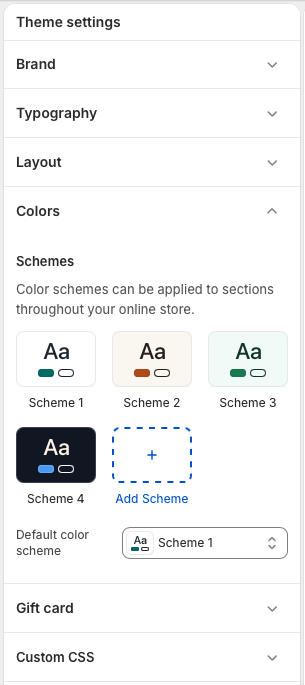 Theme settings panel with Colors expanded showing color schemes and default color scheme selector.