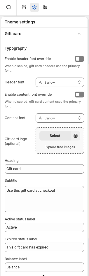 Theme settings panel with Gift card settings for typography, logo, heading, subtitle, and status labels.