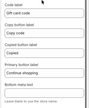 Continuation of Gift card settings showing code label, copy button label, copied label, primary button label, and bottom meta text.