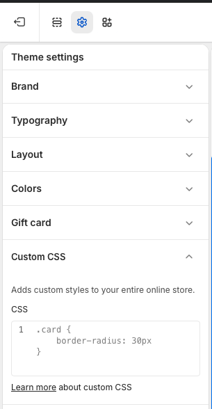 Theme settings panel with Custom CSS expanded and a CSS editor field.