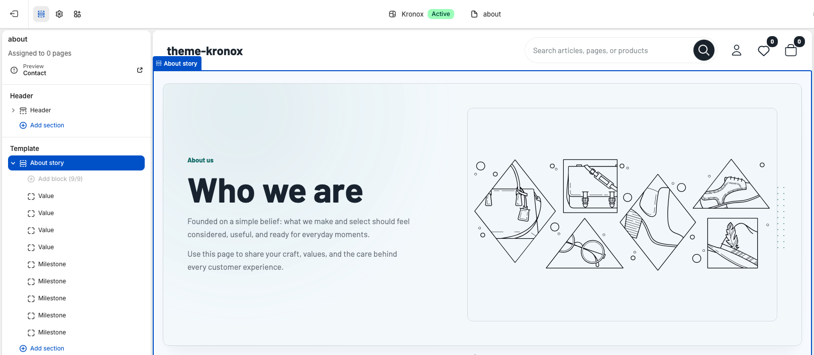 Theme editor showing the About page selected with the About story section in the sidebar.