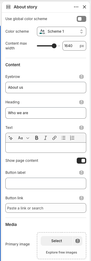 Theme editor sidebar showing About story section settings and its Value and Milestone blocks.