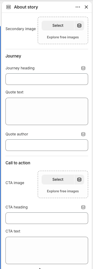 Theme editor settings for About story intro content, page content toggle, and hero button.