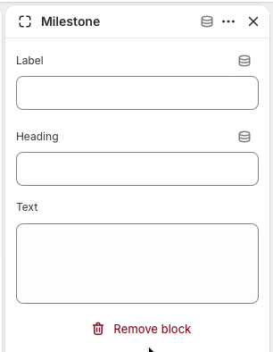 Theme editor showing an About story Milestone block with label, heading, and text settings.