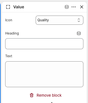 Theme editor showing an About story Value block with icon, heading, and text settings.