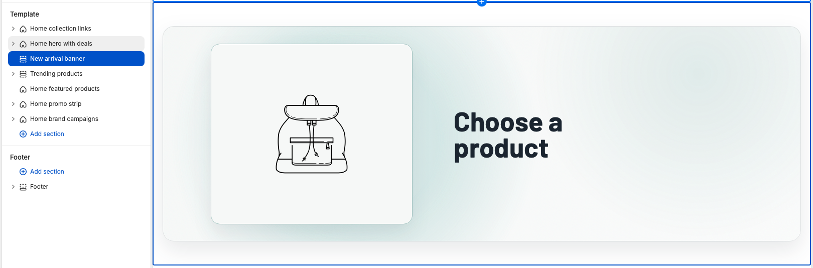 Storefront preview of the New arrival banner section showing a featured product with promotional copy.