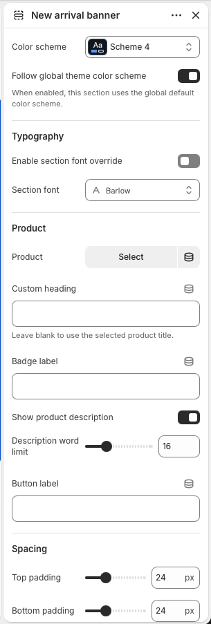 Theme editor settings for the New arrival banner section.