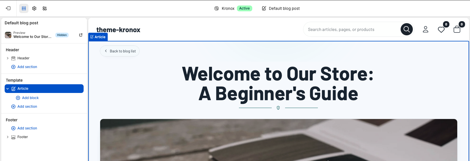 Shopify theme editor preview showing an individual article page with title, featured image, and article content.