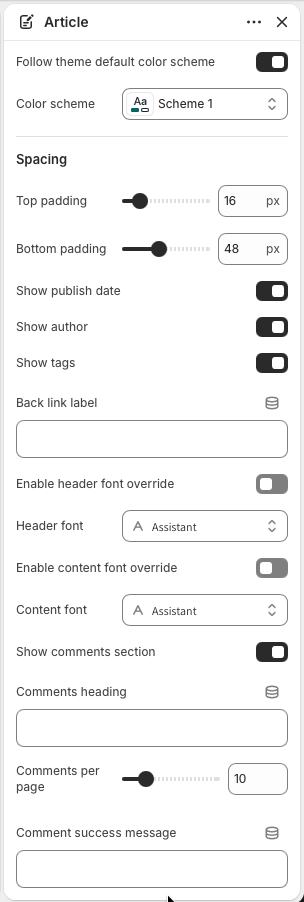 Theme editor settings for the Article section showing color scheme, spacing, metadata, back link, and font controls.
