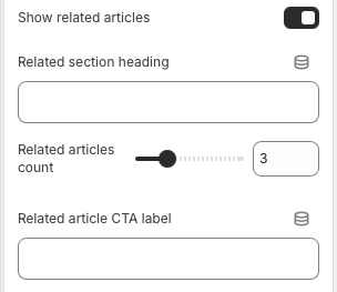 Theme editor settings for Article comments, related articles, and related article CTA labels.
