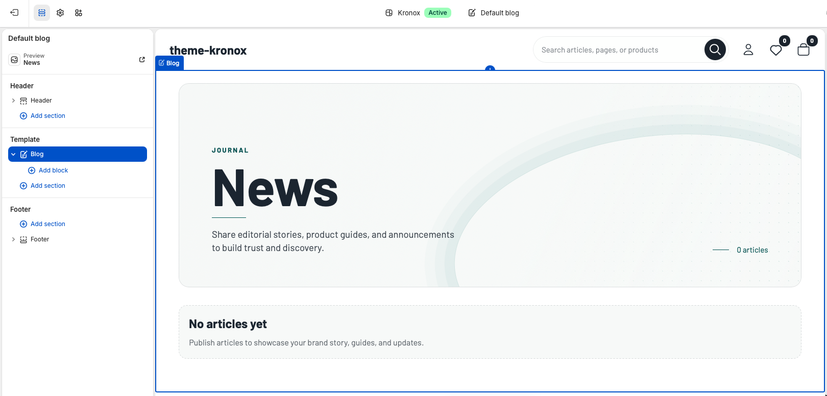 Shopify theme editor preview showing the blog listing page with a hero area and highlighted article.