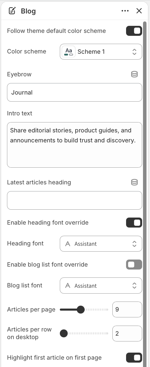 Theme editor settings for the Blog section showing color scheme, hero content, font controls, articles per page, articles per row, and featured article toggle.