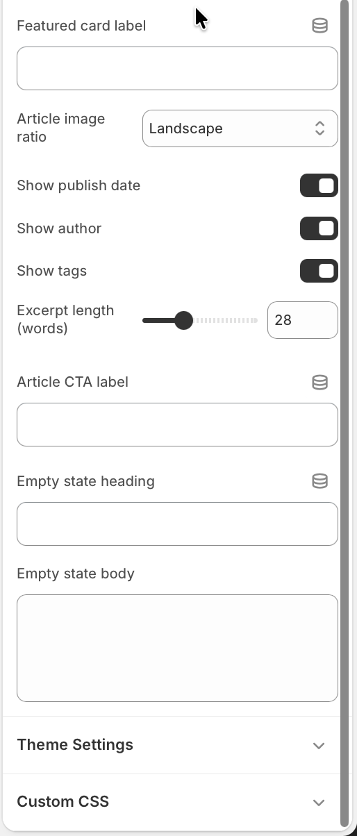 Theme editor settings for Blog article pagination, featured article, image ratio, metadata, excerpts, CTA label, and empty states.