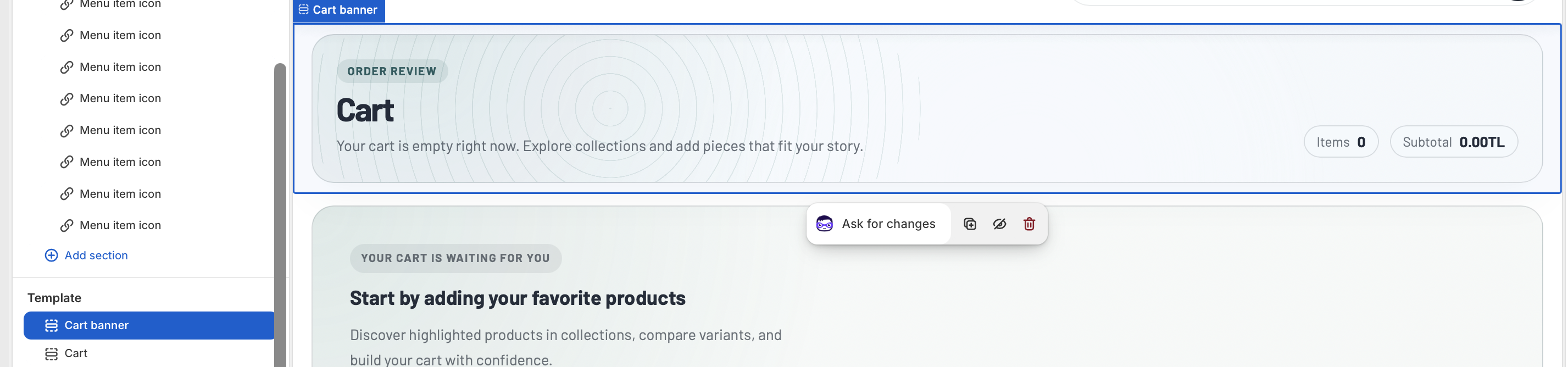 Shopify theme editor showing the Cart template with the Cart banner section selected.
