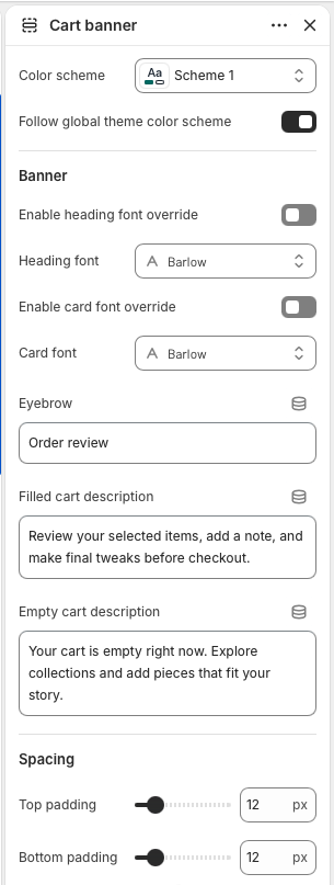 Theme editor settings for Cart banner color scheme, heading typography, copy, and spacing.