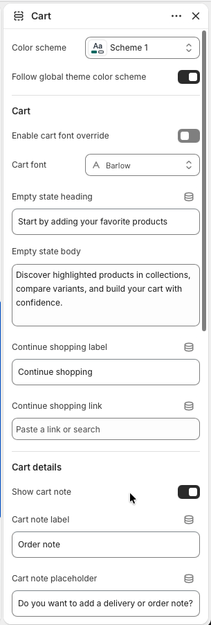 Theme editor settings for Cart section color scheme, empty state, continue shopping link, and cart note.