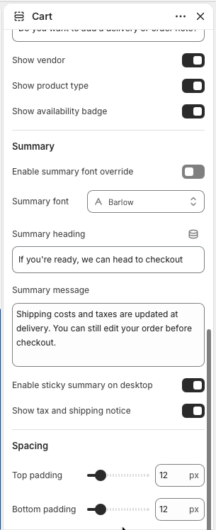 Theme editor settings for Cart item details, summary, sticky summary, tax notice, and spacing.