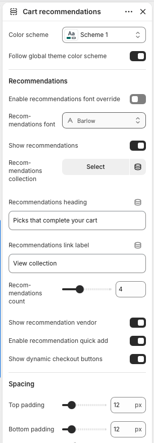 Theme editor settings for Cart recommendations collection, heading, product card options, quick add, dynamic checkout, and spacing.
