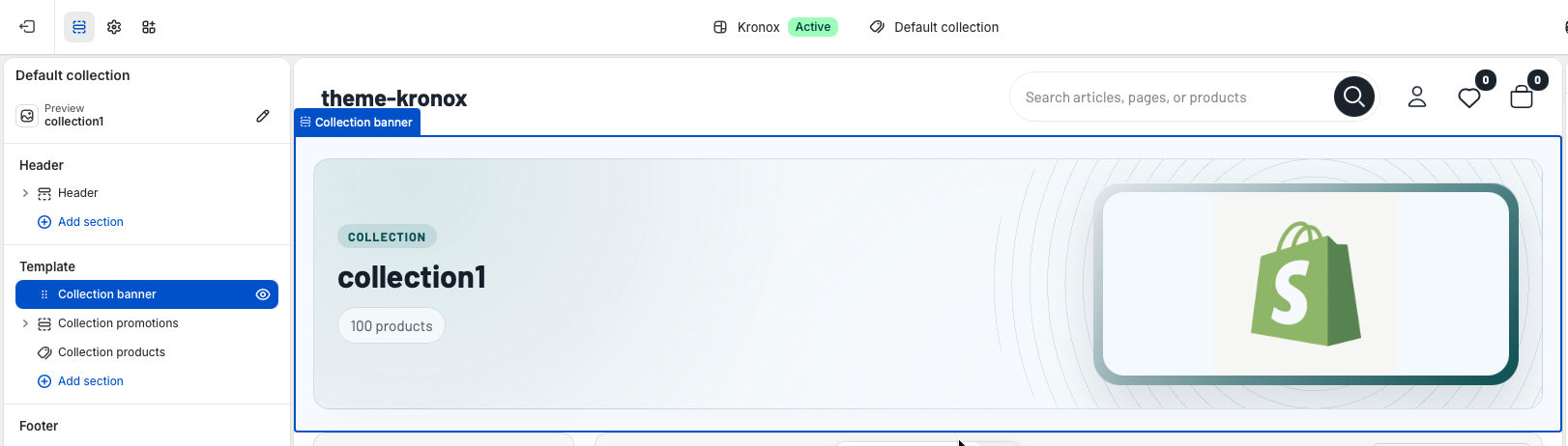 Shopify theme editor showing the Default collection template with Collection banner, Collection promotions, and Collection products sections.