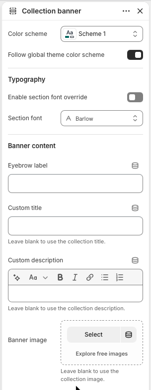Theme editor settings for Collection banner color scheme, typography, and banner content.