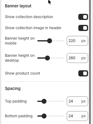 Theme editor settings for Collection banner layout, banner heights, product count, and spacing.