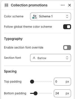 Theme editor settings for Collection promotions color scheme, typography, and spacing.