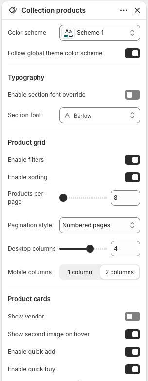 Theme editor settings for Collection products grid, filters, sorting, pagination, columns, and product cards.