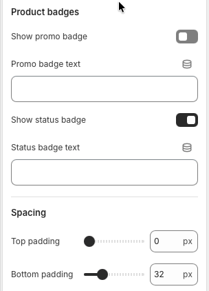 Theme editor settings for Collection products badges and spacing.