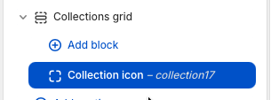 Theme editor sidebar showing a Collection icon block inside the Collections grid section.