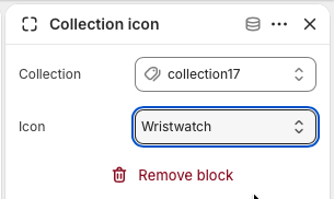Theme editor settings for a Collection icon block with collection selector and icon dropdown.