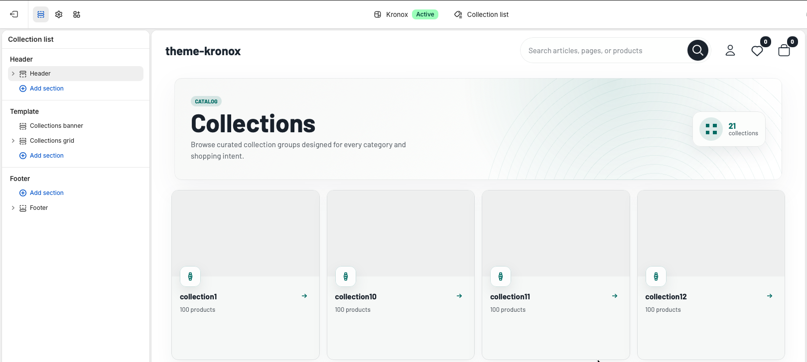 Shopify theme editor showing the Collection list template with Collections banner and Collections grid sections.