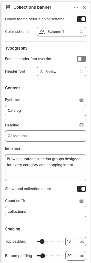 Theme editor settings for Collections banner color scheme, typography, content, count, and spacing.