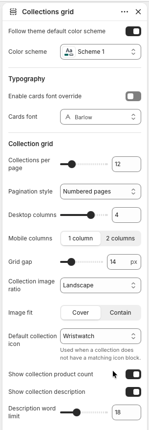 Theme editor settings for Collections grid pagination, columns, image ratio, image fit, default icon, count, and description.