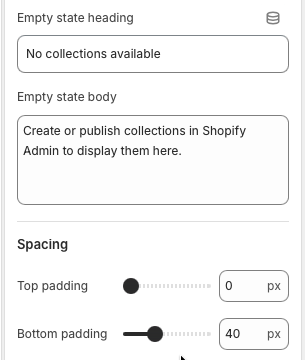 Theme editor settings for Collections grid empty state and spacing.