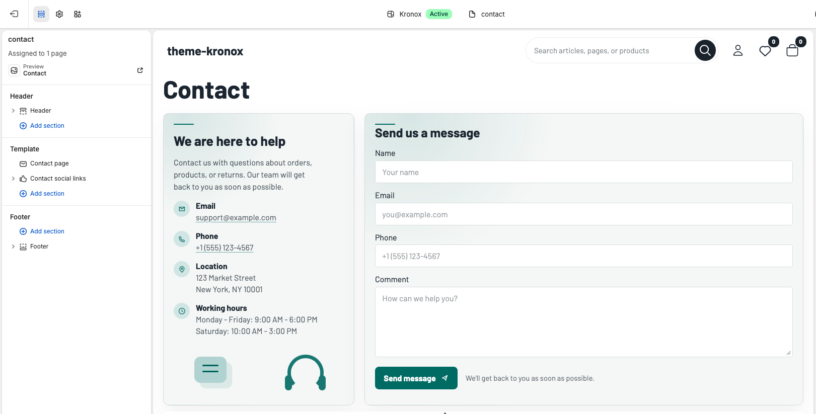 Theme editor showing the Contact page selected with Contact page and Contact social links sections.