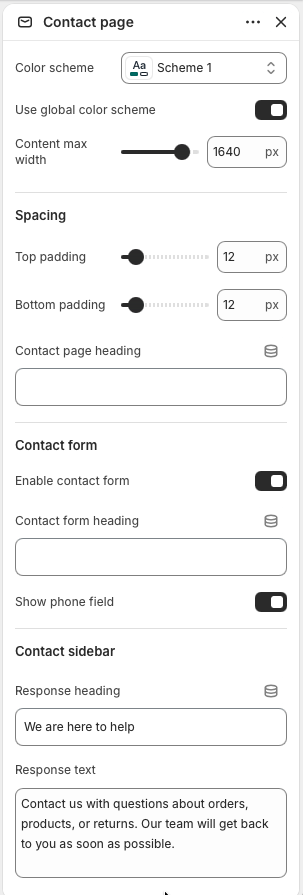 Theme editor sidebar showing Contact page section settings for color, width, spacing, and heading.