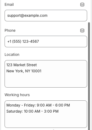 Theme editor settings for Contact page form heading, phone field, and contact sidebar fields.