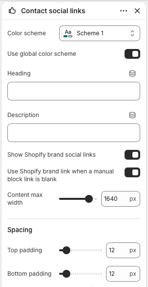 Theme editor settings for Contact social links with brand social links and manual social network blocks.