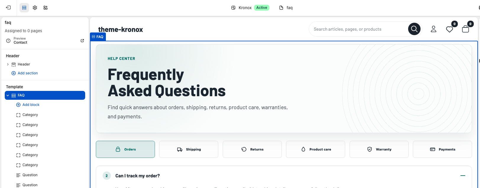 Theme editor showing the FAQ page selected with the FAQ section in the template sidebar.