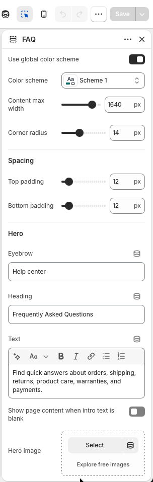 Theme editor sidebar showing FAQ section settings and category and question blocks.