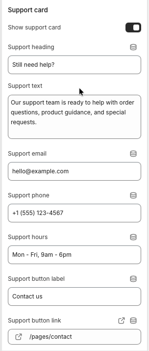 Theme editor settings for FAQ hero content, hero image, and support card.