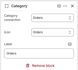 Theme editor settings for an FAQ Category block with category connection, icon, and label.