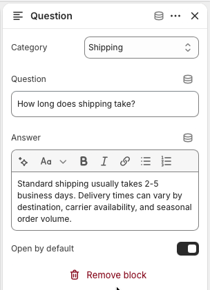 Theme editor settings for an FAQ Question block with category, question, answer, and open by default option.