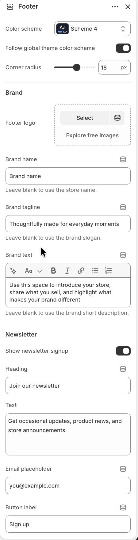 Footer style, brand, and newsletter settings in the theme editor.