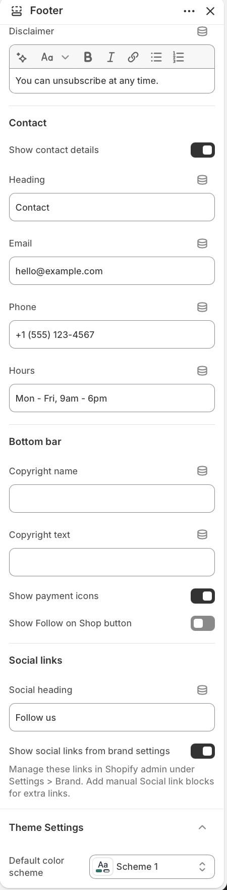Footer contact, menu, bottom bar, and social settings in the theme editor.