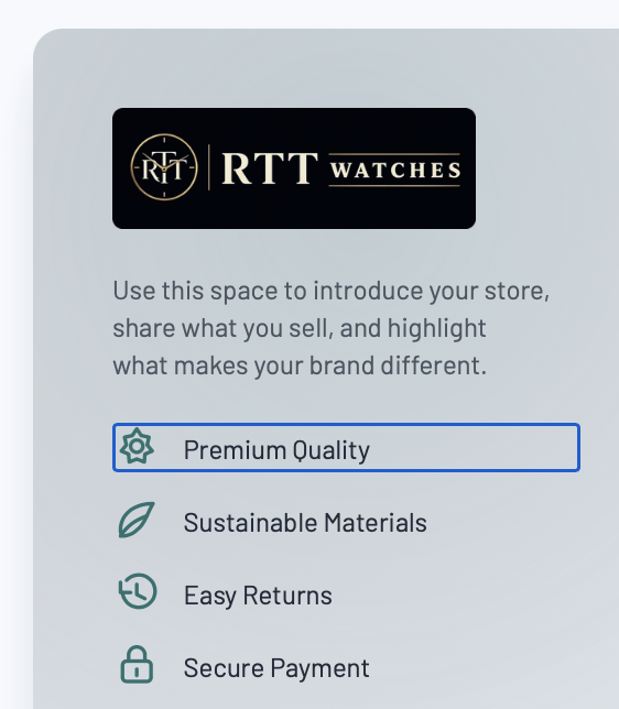 Footer preview showing logo, brand text, and trust item blocks.